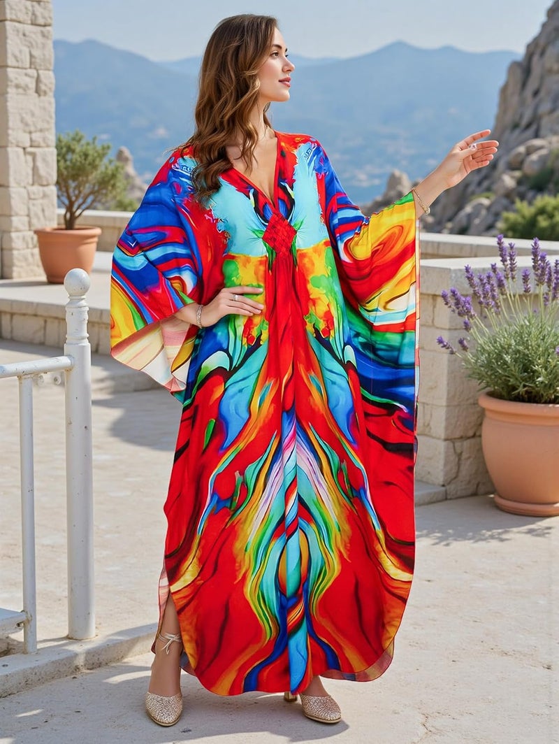 IMAGEKOPE Women's Plus Size Animal Print V-Neck Batwing Kaftan Beach Dress Bathing Suit Cover-Up Loungewear - Image 5